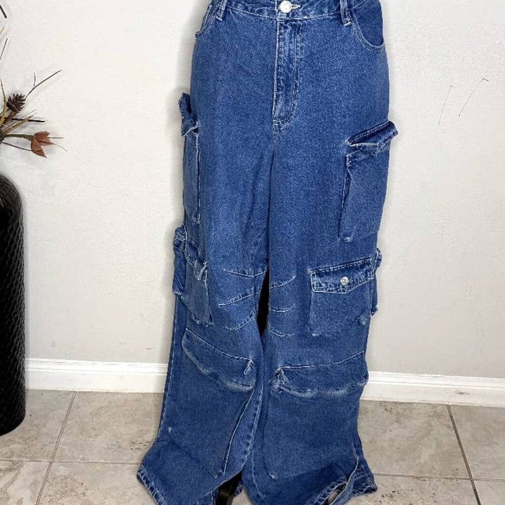 Women's High Waisted Baggy Denim Cargo Pants